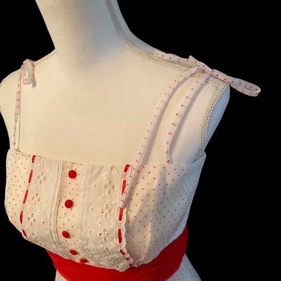 ILGWU Union Made Vintage Red Polka Dot w Eyelet Trim Ruffled Prom Dress - Picture 4 of 16